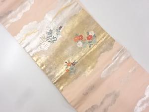 雲に草花模様織り出し名古屋帯